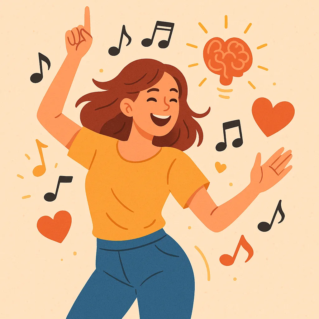 춤을-추며-즐거워하는-여성의-주변에-음표와-하트,-빛나는-뇌가-함께-그려져,-움직임을-통한-세로토닌과-도파민-분비의-행복한-에너지를-시각적으로-표현한-일러스트