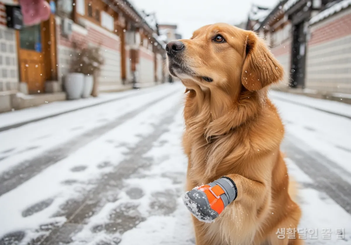 눈 내린 한국 거리에서 발을 들어 올리며 주인을 바라보는 골든 리트리버 강아지, 염화칼슘 주의 메시지