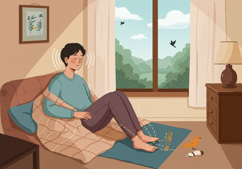 한 사람이 눈을 감고 앉아 손으로는 부드러운 담요를 만지고, 귀로는 창밖의 새소리를 듣고, 발바닥은 땅의 감촉을 느끼는 듯한 평온한 모습의 일러스트.