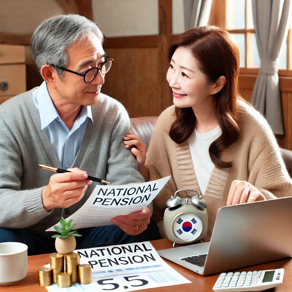 중년 한국인 부부가 편안한 가정 환경에서 노후 계획을 논의하고 있습니다. 테이블에는 금융 서류와 노트북이 놓여 있습니다.