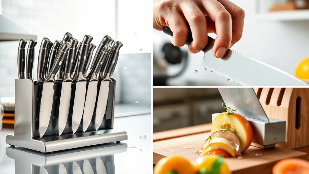 칼걸이에 보관된 칼들, 숫돌로 칼을 연마하는 모습