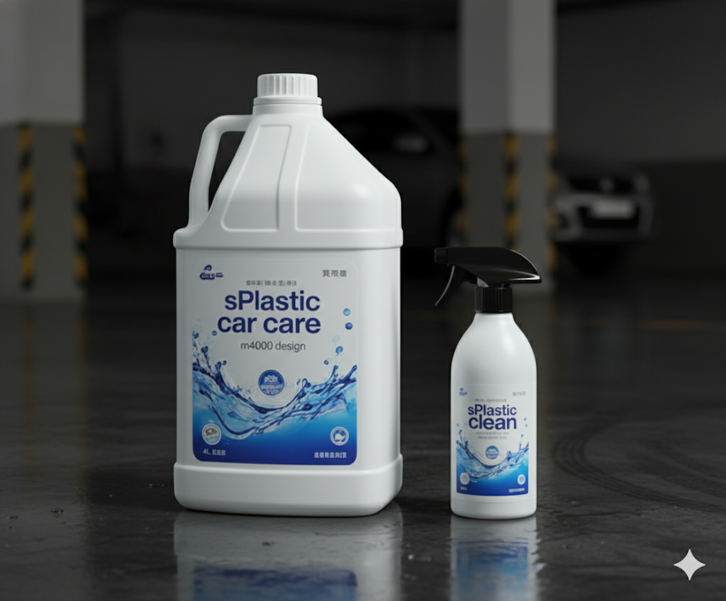 지하 주차장에 놓인 삼양플라스틱의 m4000, sp500 세차용품 용기. B2B 대량구매가 가능한 자동차 케미컬 전문 용기