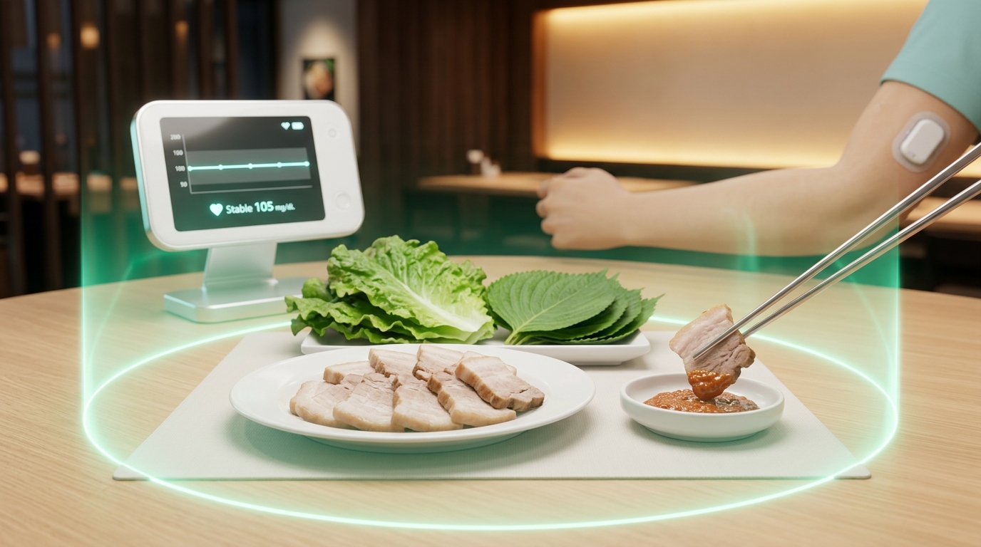 당뇨 환자 외식 방법 메뉴 선택 기준과 소스 따로 요청하기 찍먹파 수칙을 표현한 3D 의학 일러스트레이션. 식후 급격한 당 흡수 하중을 분산시키고 혈류 순환이 원활하게 조절되고 있음을 보여주듯 따뜻하고 온화한 황금빛과 초록색 치유의 에너지가 흐르고 있는 인체 췌장 혈관 모델의 모습. 옆쪽의 정갈한 식당 테이블 위에는 인슐린 저항성을 방어하는 유기농 채소 쌈과 담백한 수육 식단, 그리고 섞이지 않고 분리된 저당 소스 그릇과 함께 기계 오차 없이 완만한 정상 범주 수치를 가리키는 전자 혈당 측정기가 정돈되어 있어 과학적인 보건 사후관리 가이드의 중요성을 시각적으로 설명함.