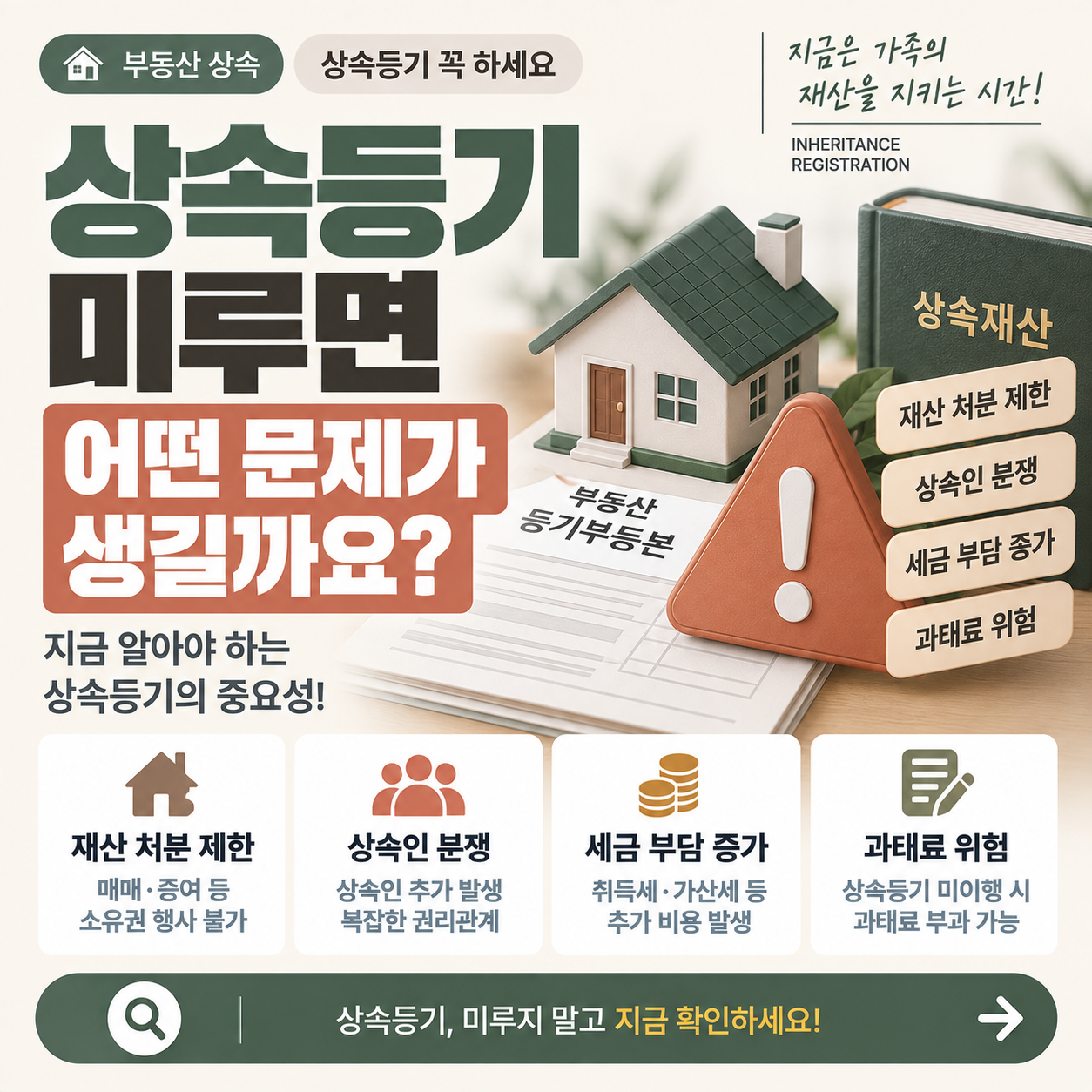상속등기를 미루면 생기는 문제를 정리한 이미지