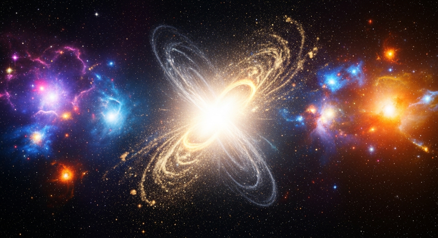 어두운 우주 공간에서 두 개의 중성자별이 충돌하여 거대하고 밝은 킬로노바를 생성하는 폭발적인 장면. 중심의 밝은 지점에서부터 에테르처럼 영롱한 금색과 백금색의 우주 먼지와 파편들이 바깥으로 뿜어져 나오고 있다. 배경에는 소용돌이치는 성운과 멀리 떨어진 별들이 있어 극적이고 아름다운 느낌을 준다. 초현실적이고 영화적인 우주 예술 스타일.