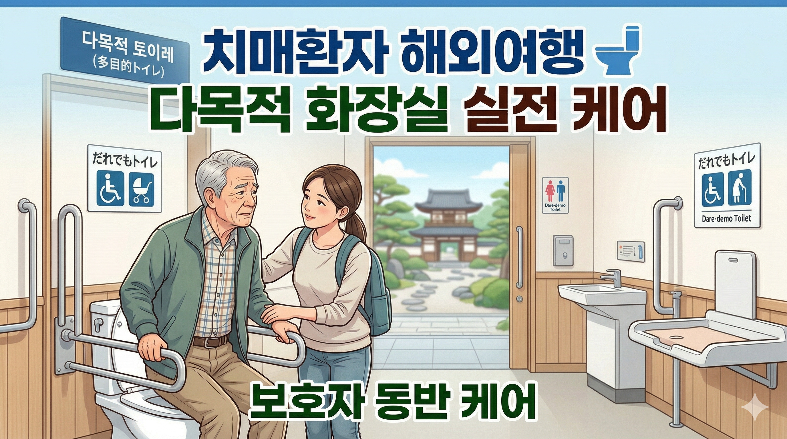일본의 넓은 다목적 화장실 아이콘과 함께 있는 치매환자 해외여행 보호자 동반 케어 이미지