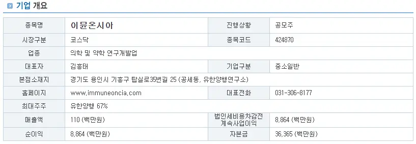 이뮨온시아 기업 개요
