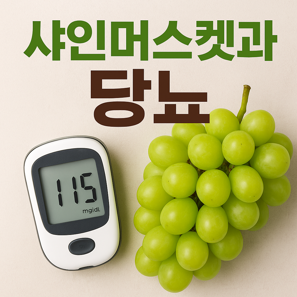 샤인머스켓과 당뇨 관리 – 혈당 측정기와 샤인머스켓 포도를 함께 배치한 이미지로, 당뇨 환자의 과일 섭취 주의사항과 혈당 관리법을 설명하는 시각 자료