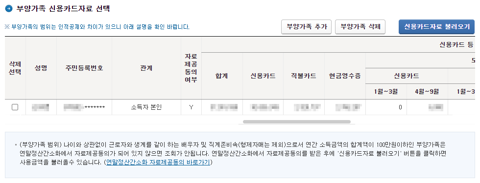 신용카드자료 불러오기 결과