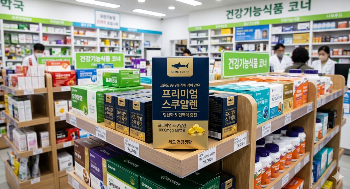 약국 선반에 진열된 실제로 판매되고 있는 프리미엄 스쿠알렌 건강기능식품 패키지 디자인