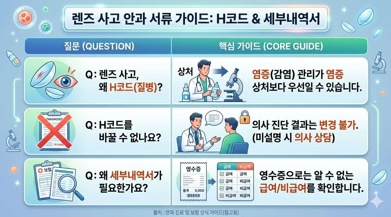 렌즈 사고 안과 서류 가이드 – H코드 질병 기록 이유와 세부내역서 필요성 설명