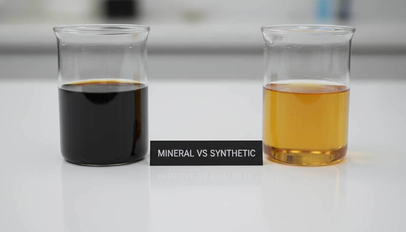 탁한 광유와 맑은 황금빛 합성유의 질감 및 색상 비교