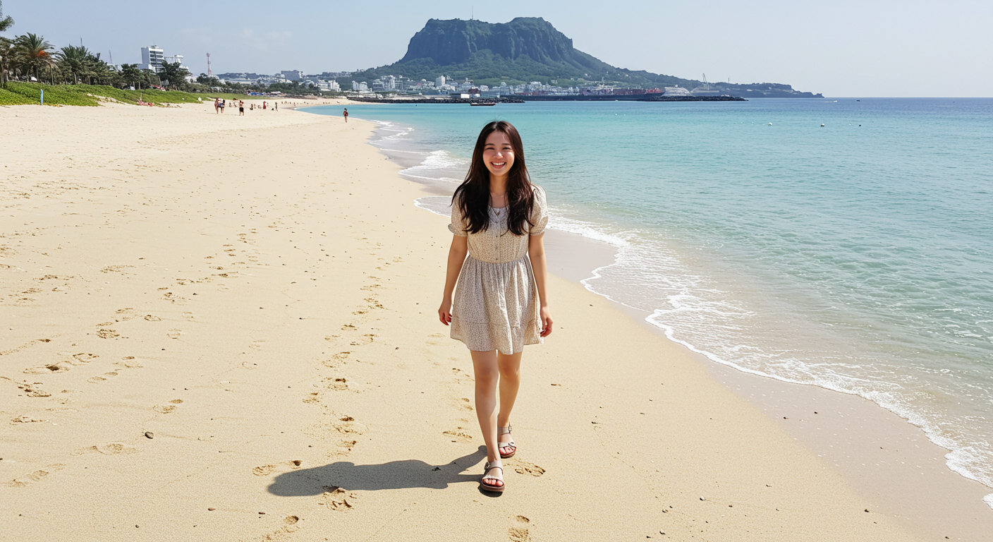 제주 서쪽 곽지과물해변을 산책하며 웃고 있는 한국인 여성