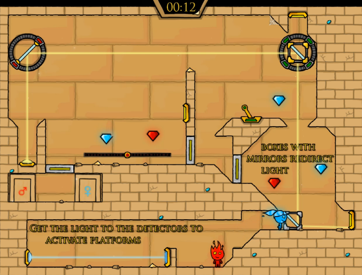 파이어보이-앤-워터걸2-라이트템플-게임하기-플레이-물소녀가-반사경-박스를-오른쪽으로-미는-화면