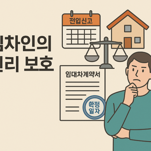 임차인의 권리 보호를 표현한 일러스트 - 임대차계약서, 확정일자, 전입신고 달력, 저울, 주택 아이콘과 고민하는 임차인