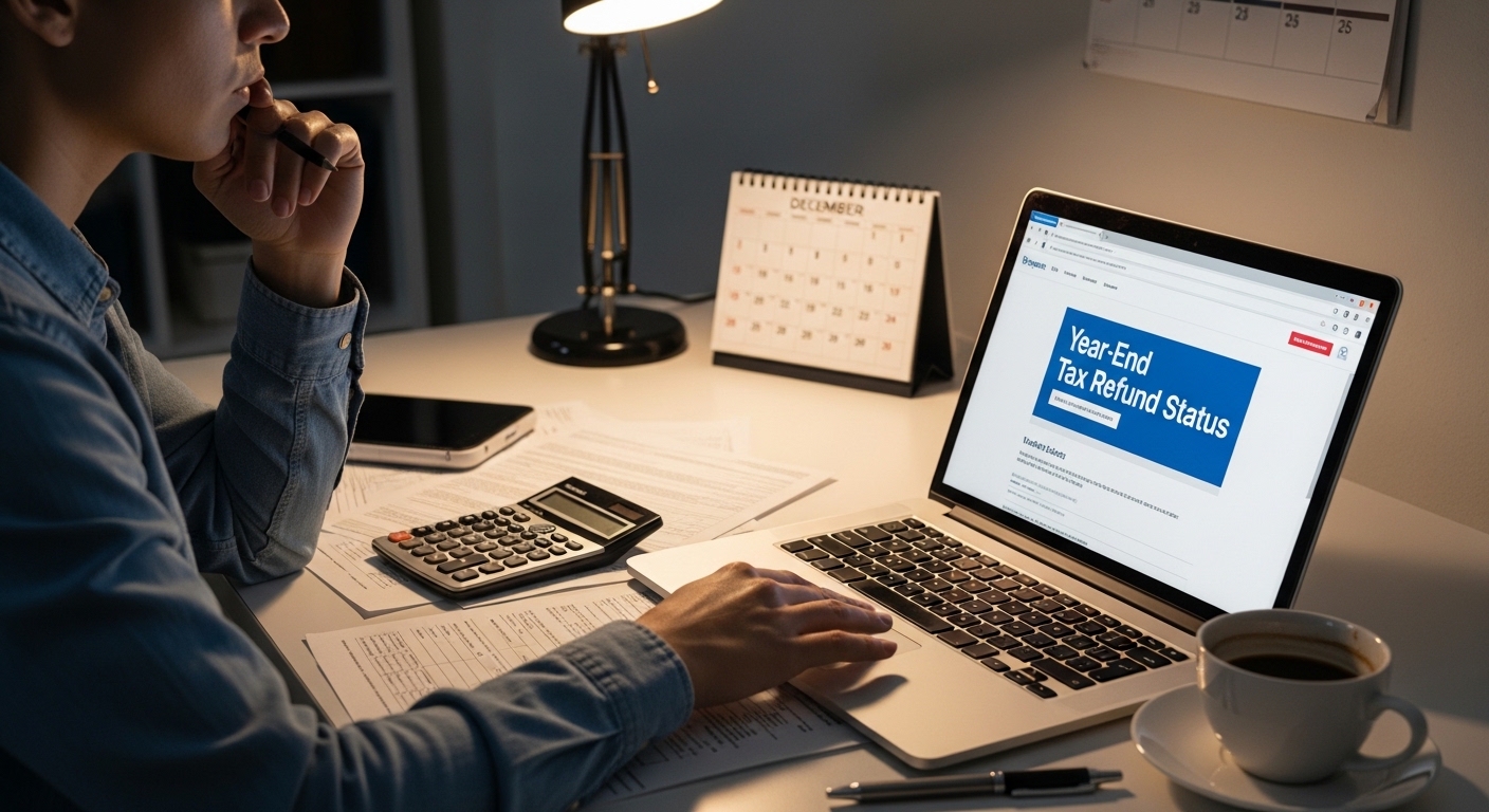연말정산 환급금을 확인하며 고민하는 직장인의 모습