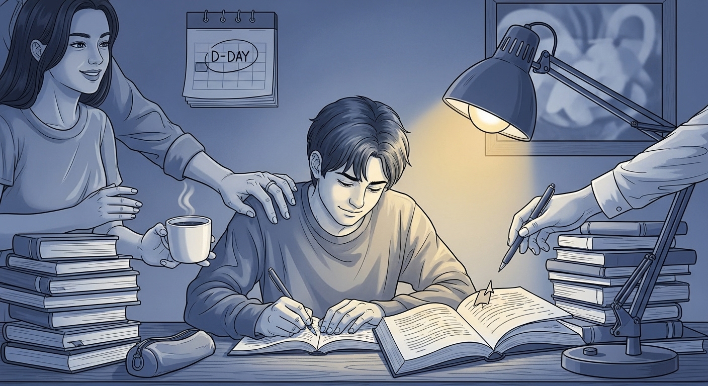 수능을 앞두고 공부하는 학생을 가족, 친구, 선생님이 함께 응원하고 격려하는 모습