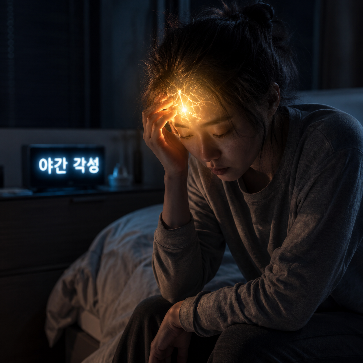 밤 시간 코르티솔 분비 패턴 변화와 아침 피로의 연관성을 표현한 야간 각성 대표 이미지