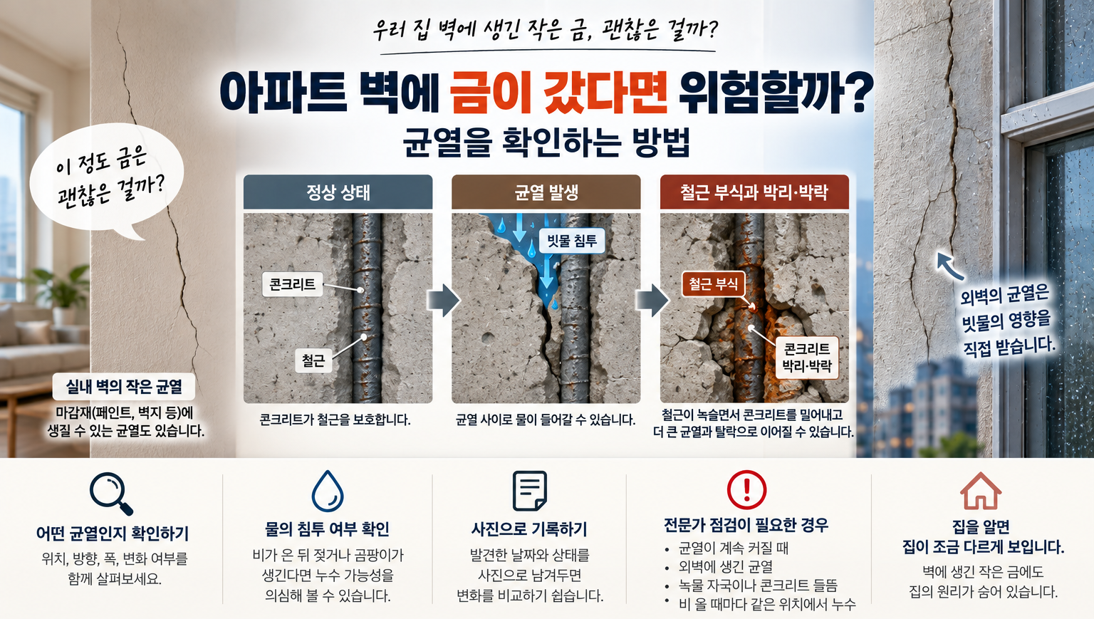아파트 벽 균열과 빗물 침투 철근 부식 과정