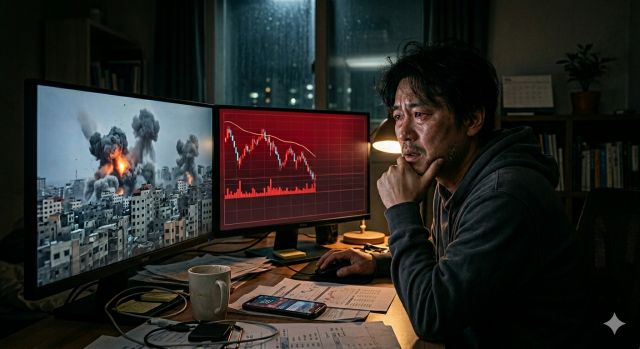 중동 전쟁 영향으로 하락하는 한국 증시와 투자 판단을 고민하는 개인 투자자 상황