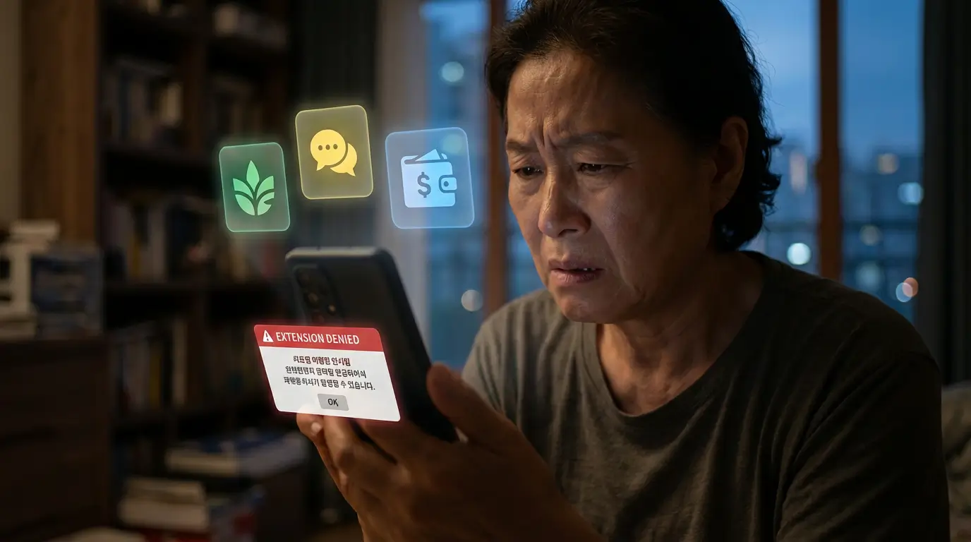 토스 앱의 연장 불가 알림을 보고 당황하는 사용자와 해결책을 제시하는 3가지 대안 아이콘