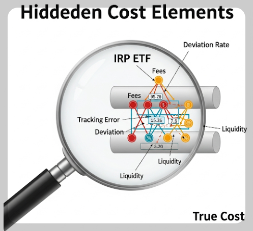 돋보기로 수수료, 추적 오차, 괴리율, 유동성 등 IRP ETF의 숨겨진 비용 요소를 찾아내는 이미지. 진짜 비용 비교의 중요성 강조