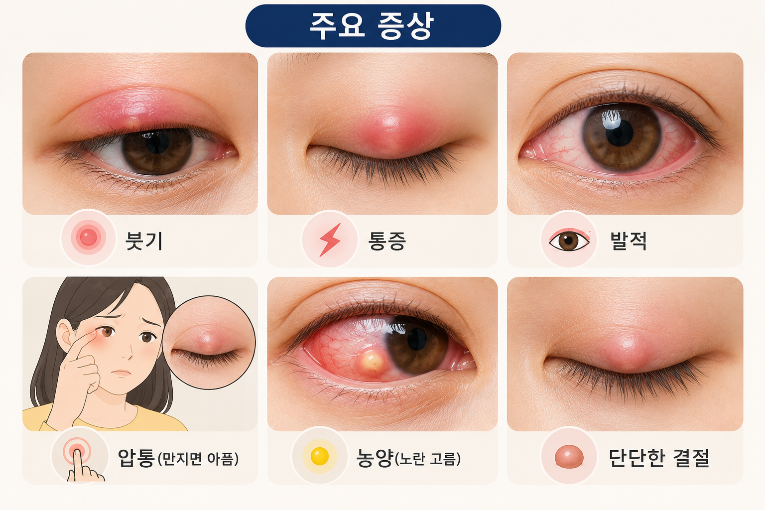 눈다래끼 주요 증상인 눈꺼풀 붓기, 통증, 발적, 압통, 노란 농양, 단단한 결절을 한눈에 보여주는 사진