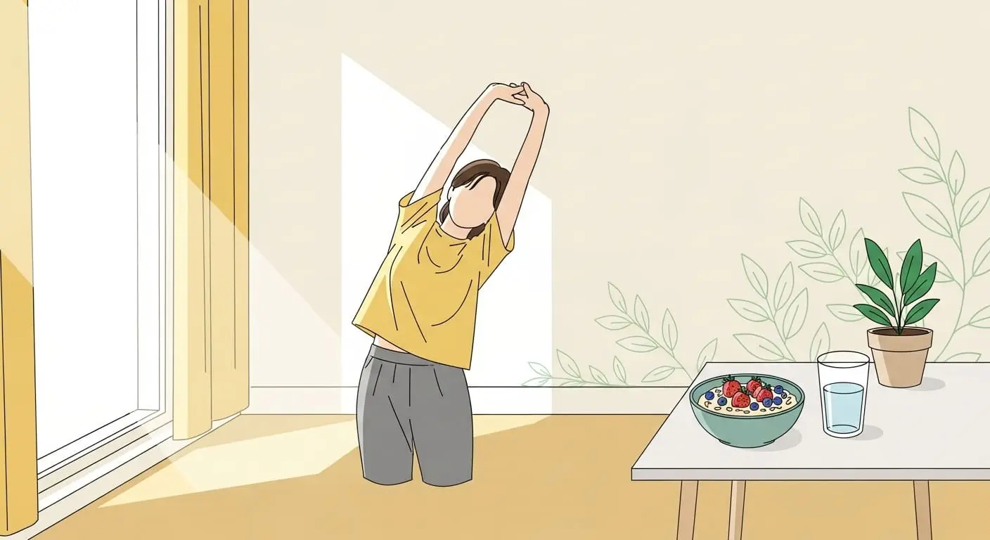 햇살 가득한 방에서 가벼운 스트레칭을 하는 사람과 건강한 아침 식탁의 모습. 하루를 활기차게 시작하는 평화로운 분위기를 담았다.