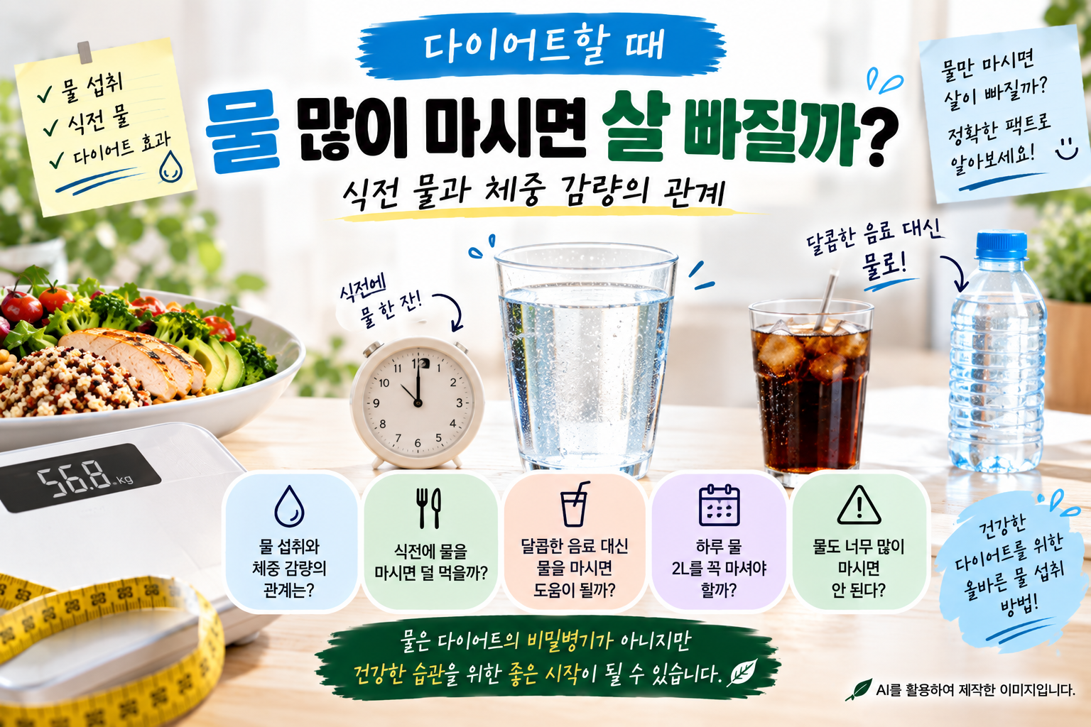 다이어트 중 물 섭취와 식전 물 마시기가 체중 감량에 미치는 영향을 설명하는 이미지
