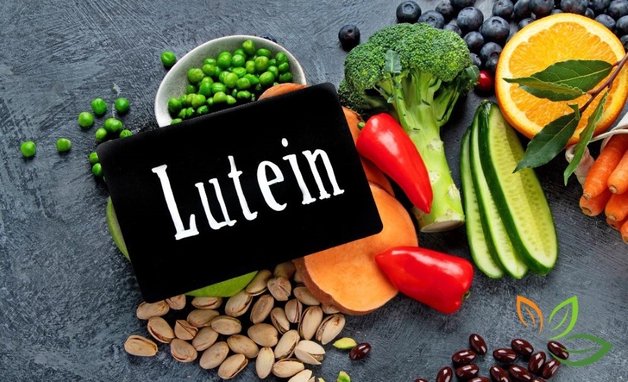 루테인이 풍부한 다양한 자연식품들 - 브로콜리, 완두콩, 블루베리, 오렌지, 당근, 견과류가 나무 배경에 아름답게 배치되어 있고 가운데 'Lutein' 글자가 적힌 검은 칠판이 있는 이미지 via canva