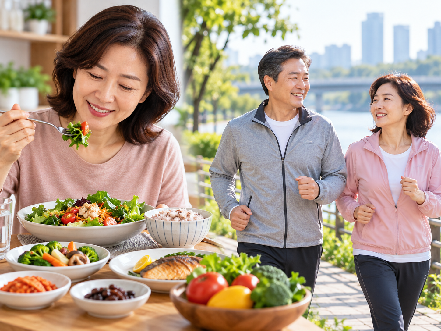건강한 식사와 가벼운 산책으로 생활습관을 관리하는 중년 부부의 이미지