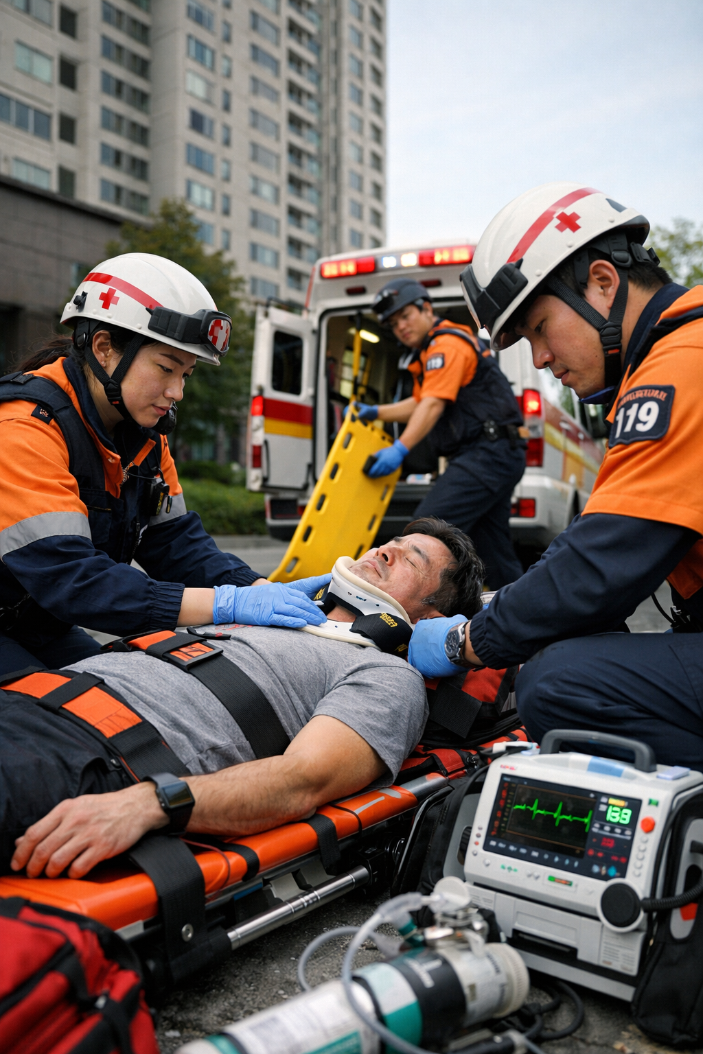 고층 낙상 환자 경추 고정 후 현장 평가 모습