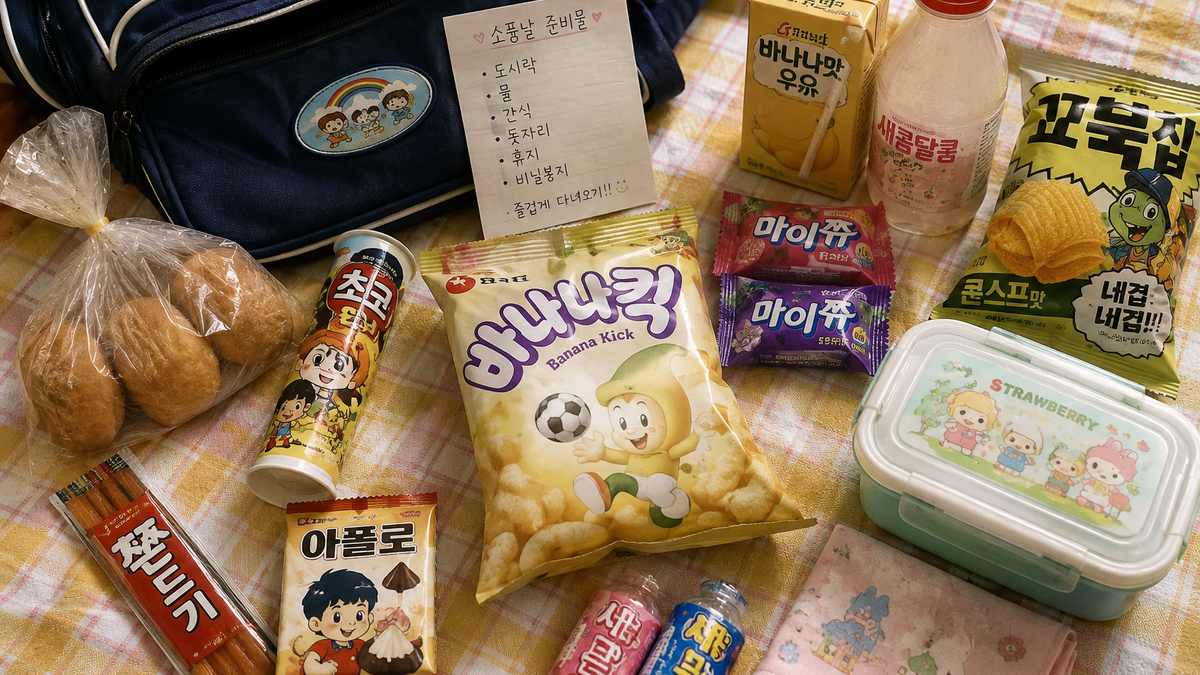 소풍을 앞두고 가방과 도시락, 간식을 함께 준비해 놓은 모습
