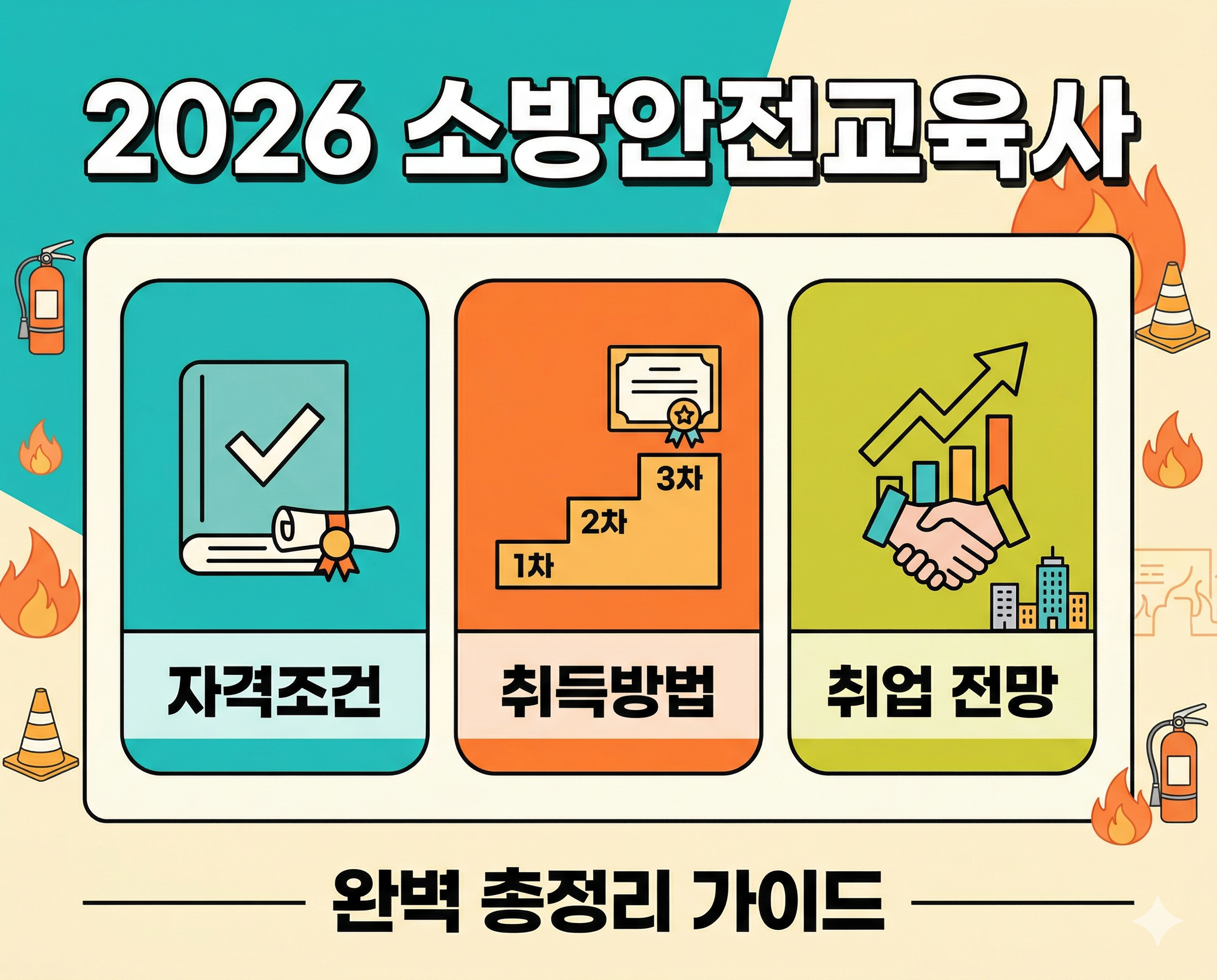 현대적이고 간결한 5:4 비율의 블로그 썸네일 이미지입니다. 상단에 "2026 소방안전교육사"라는 큰 한국어 텍스트가 있습니다. 그 아래, 세 개의 유색 카드가 핵심 주제를 강조합니다: 청록색 카드는 '**자격조건**'과 체크 표시, 주황색 카드는 '**취득방법**'과 3단계 경로, 연두색 카드는 '**취업 전망**'과 성장 차트/악수 아이콘입니다. 하단 텍스트는 '**완벽 총정리 가이드**'입니다. 배경에는 소화기, 안전 원뿔, 화염 모양의 작은 미니멀리스트 아이콘들이 있습니다.