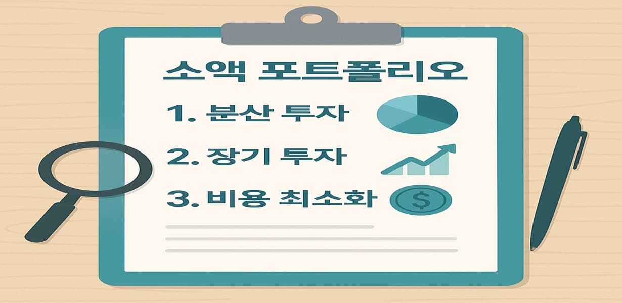 소액 포트폴리오 전략 3가지가 정리된 클립보드 위 종이: 분산 투자, 장기 투자, 비용 최소화 아이콘 포함