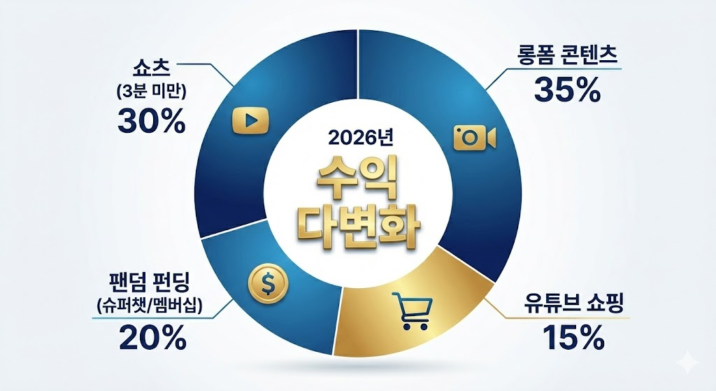 쇼츠와 동영상 광고 수익의 균형 잡힌 포트폴리오를 보여주는 수익 구조 데이터 차트.
