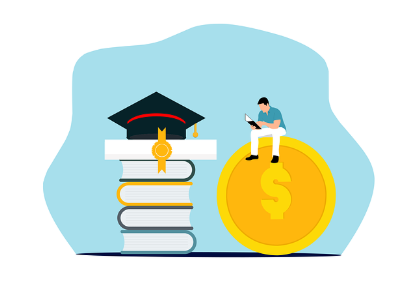 2025 국가장학금 신청기간 신청대상 및 방법과 관련한 국가장학금을 표현한 학사모와 책, 돈, 책을 보고있는 학생 그림