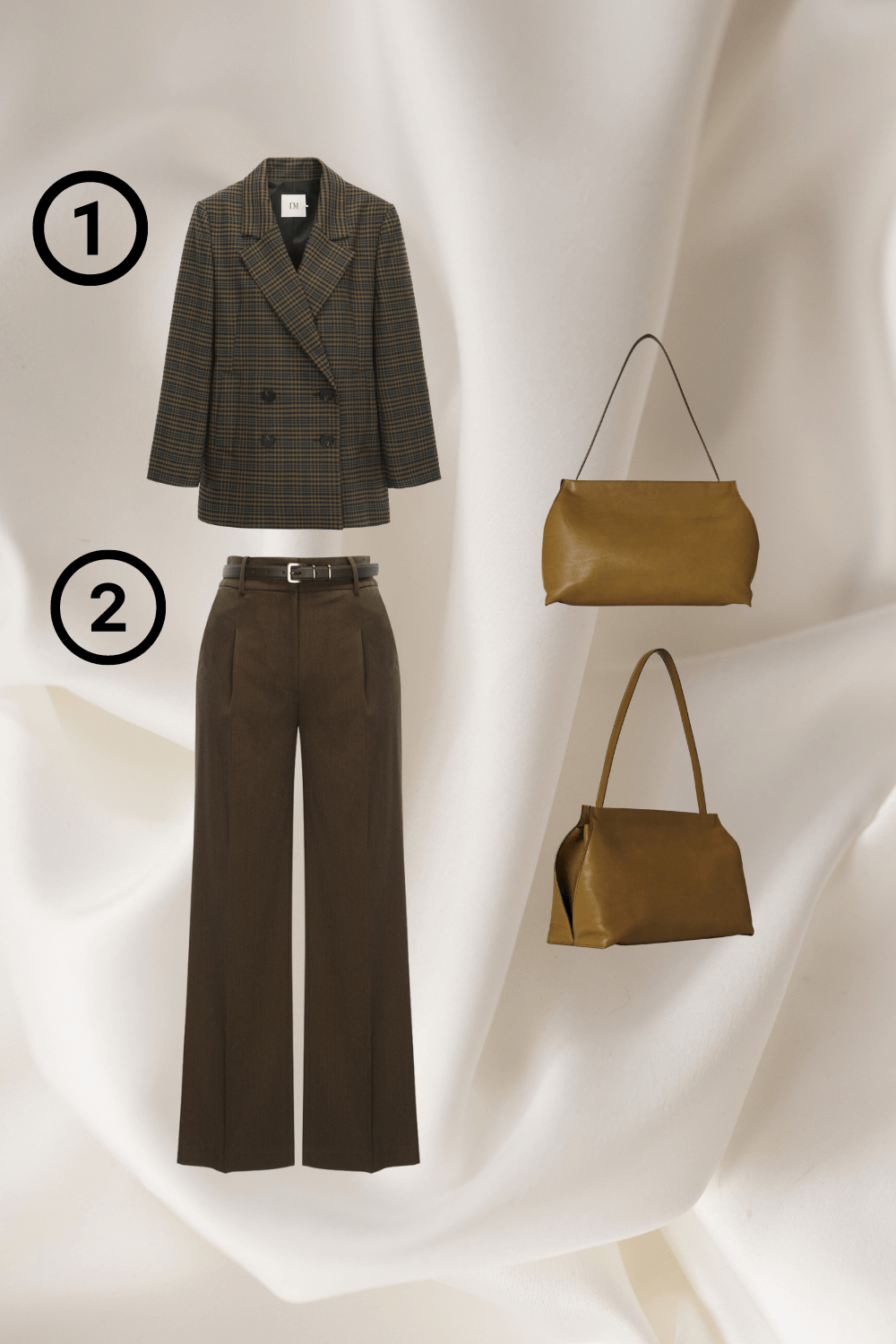 오버핏 체크 더블 자켓 (브라운)과 벨티드 스트레이트 팬츠 코디