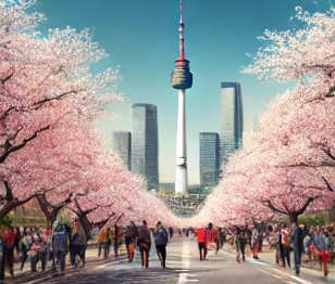 도심지에 벚꽃이 피어있는 모습