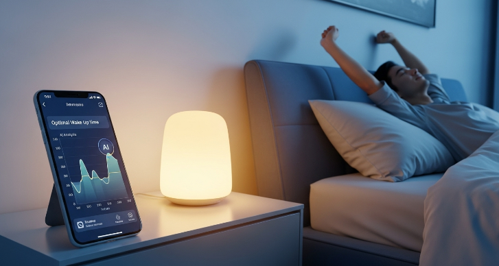 AI 수면 분석 그래프와 함께 개운하게 아침을 맞이하는 사람의 모습이 담긴 미래형 침실. 스마트 조명이 따뜻하게 빛나고 있습니다.