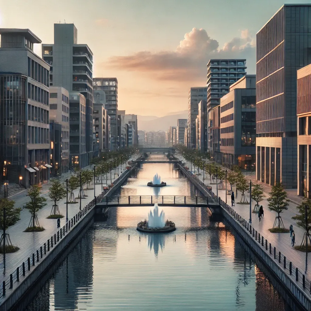 아침에 고요한 후쿠오카 캐널 시티의 수로와 건물들