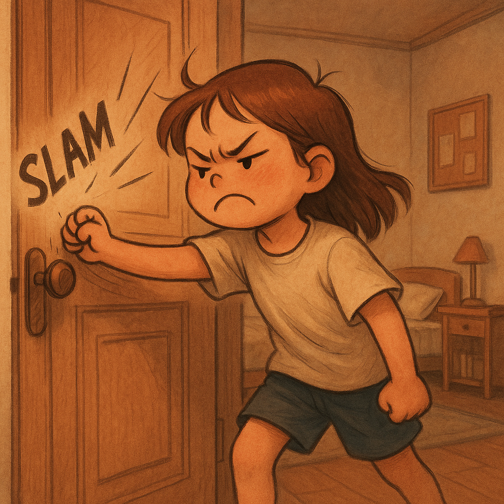 사춘기 소녀가 화난 표정으로 문을 힘껏 닫는 장면. 분노한 얼굴과 손잡이를 잡은 채 문을 밀치는 모습이 감정 조절이 어려운 사춘기 뇌의 특징을 상징적으로 표현함.