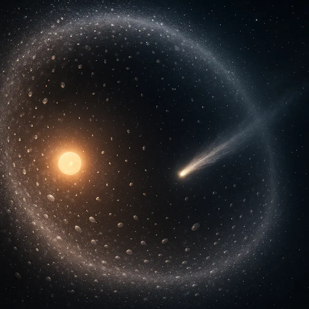 태양계를 감싸는 오르트 구름의 실사형 이미지, 혜성이 빛을 내며 흐르는 장면