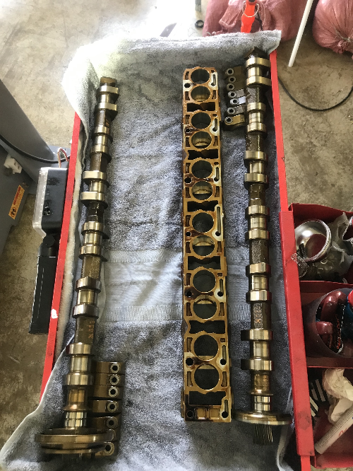 BMW 캠샤프트와 실린더 헤드 커버가 정비용 트레이 위에 정렬된 분해 후 상태