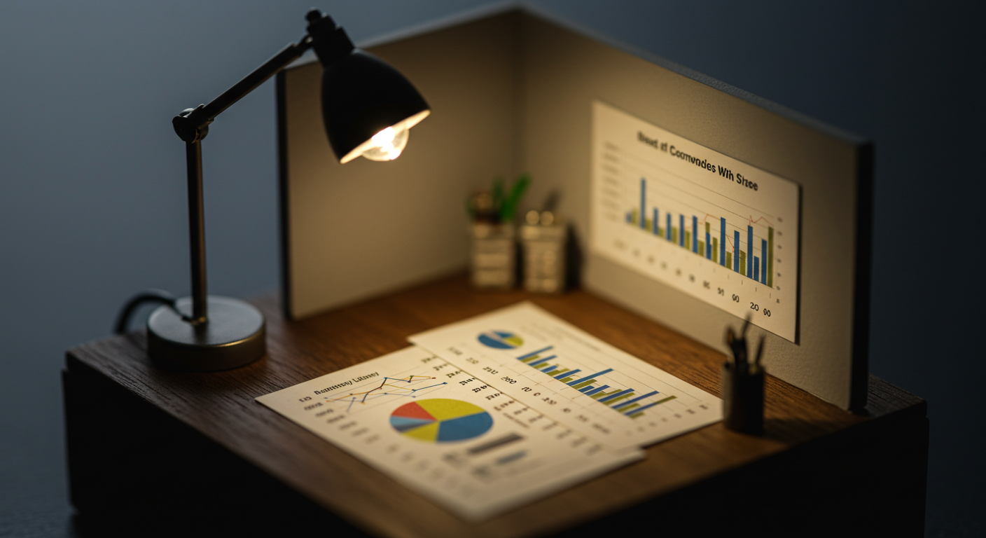 미니어처 책상 위에 작은 그래프 카드와 전구 소품이 놓인 틸트쉬프트 대표 이미지: 투자 아이디어를 상징