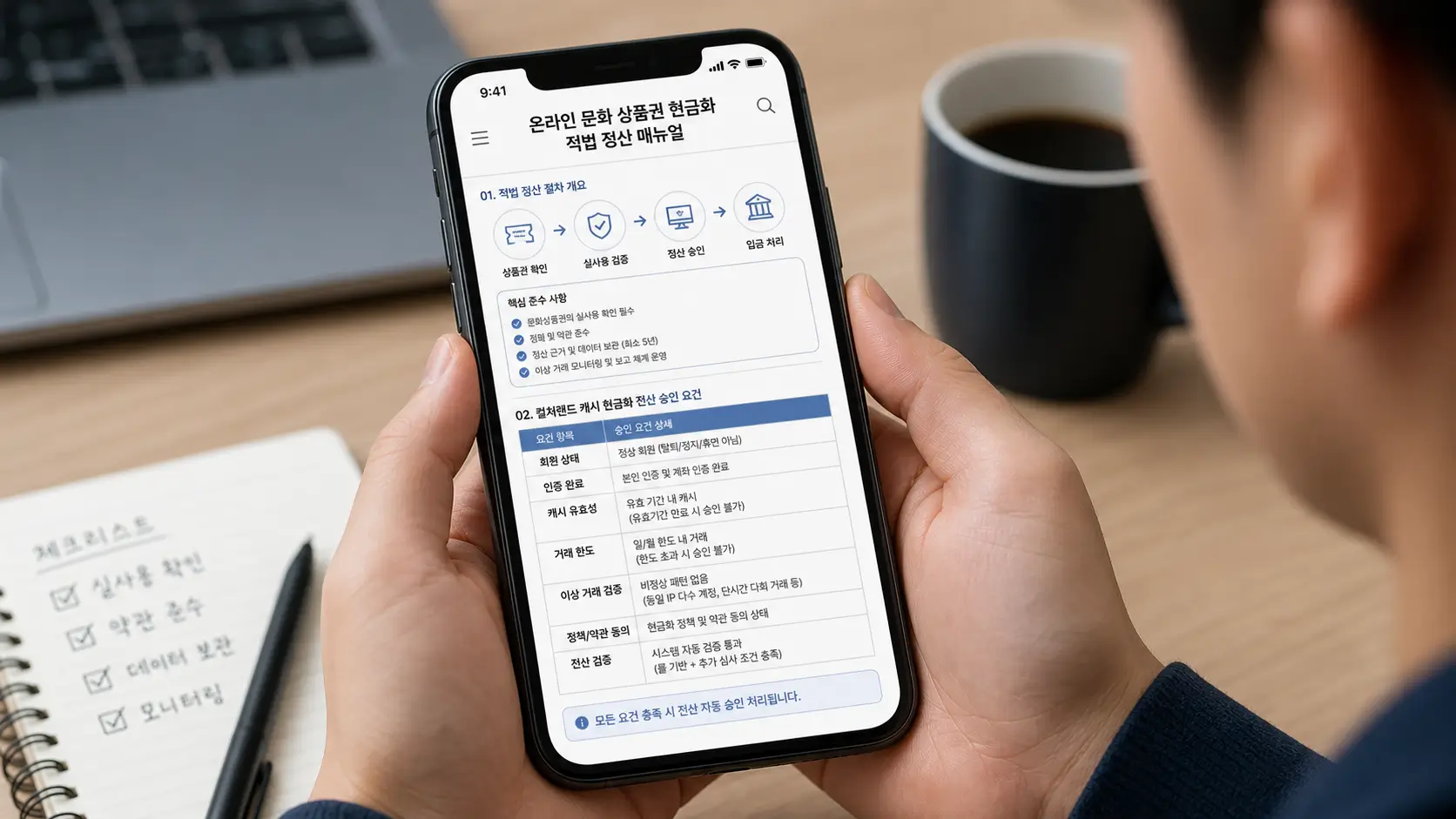 온라인 문화 상품권 현금화 적법 정산 매뉴얼과 컬쳐랜드 캐시 현금화 전산 승인 요건을 모바일로 검토하는 사용자