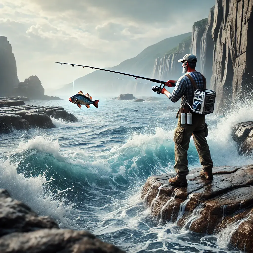 갯바위에서 바다를 향해 낚싯대를 던지는 낚시꾼