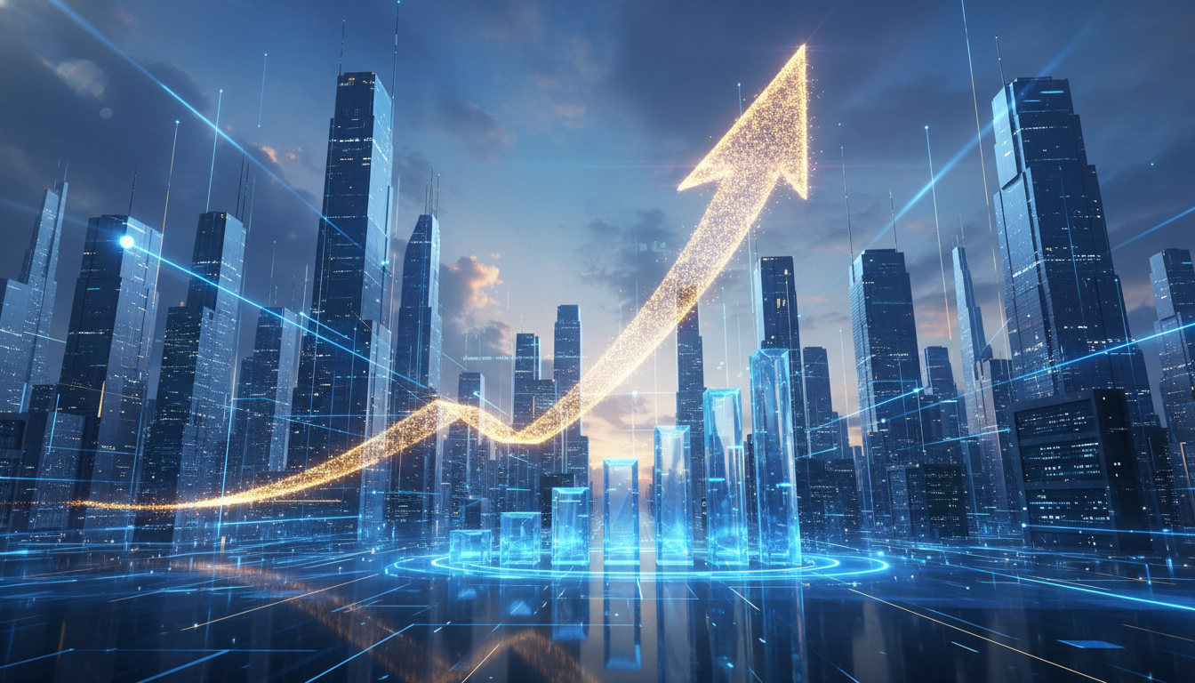 AI 인프라 성장과 투자 가치를 상징하는 미래형 도시와 상승하는 차트 이미지