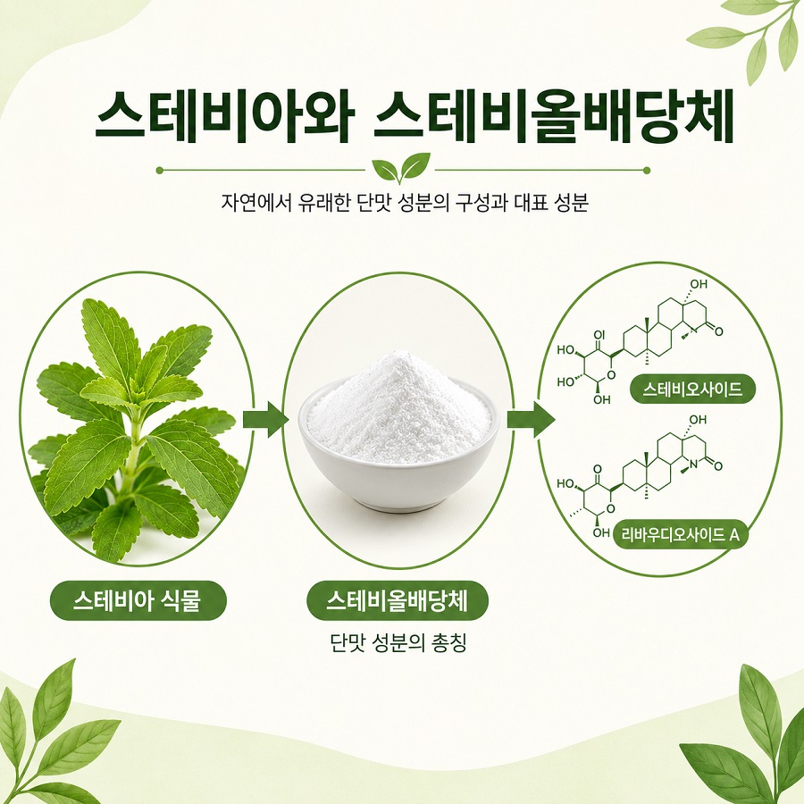 ‘스테비아 식물 → 스테비올배당체 → 스테비오사이드·리바우디오사이드 A’ 관계를 한눈에 볼 수 있는 간단한 인포그래픽.