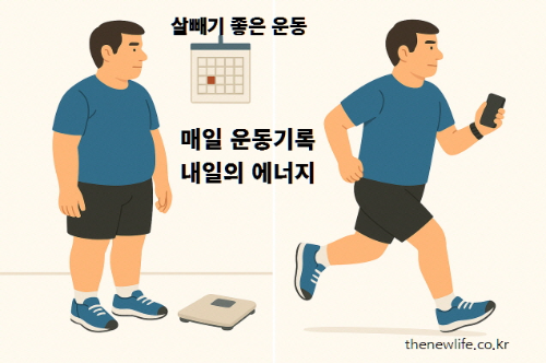 • A two-part illustration showing a man checking his weight on a scale and then running with a smartphone in hand to track his workout./왼쪽에는 체중을 측정하는 남성, 오른쪽에는 운동 기록을 위해 스마트폰을 들고 달리는 남성의 일러스트.